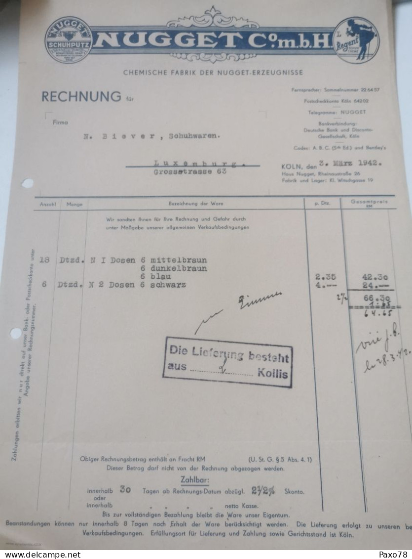 Rechnung Allemagne, Nugget Chemische, Koln 1942 - 1900 – 1949
