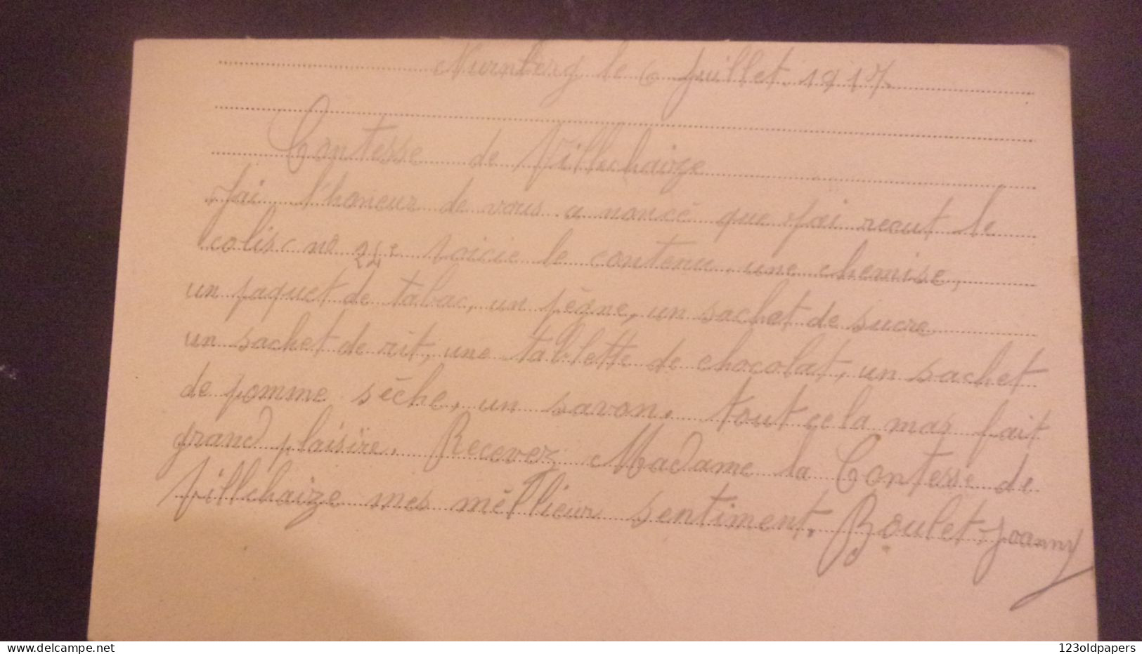 WWI Recepisse Remise Colis Camp Prisonniers NURNBERG BAYERN  Cachet  LIGUE FEMMES FRANCAISES  42 NOIRETABLE - 1. Weltkrieg 1914-1918