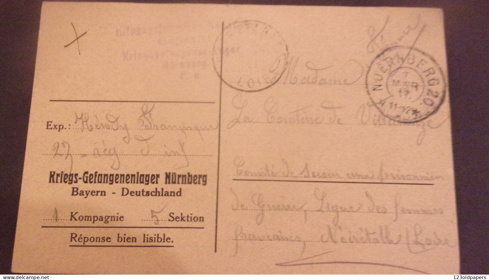 WWI Recepisse Remise Colis Camp Prisonniers NURNBERG BAYERN  Cachet  LIGUE FEMMES FRANCAISES  42 NOIRETABLE - Guerra De 1914-18