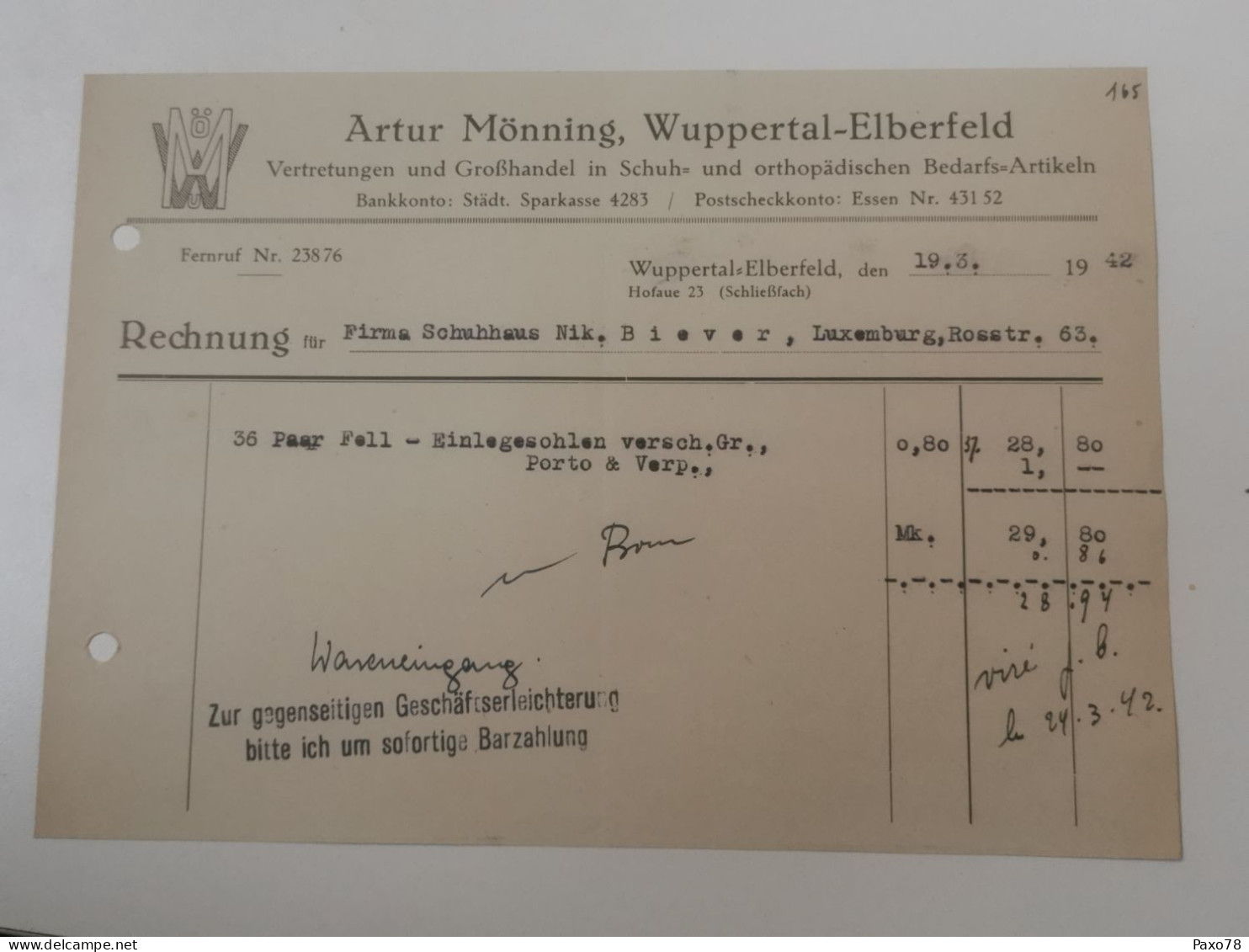 Rechnung Allemagne, Artur Monning, Wuppertal Elberfeld 1942 - 1900 – 1949