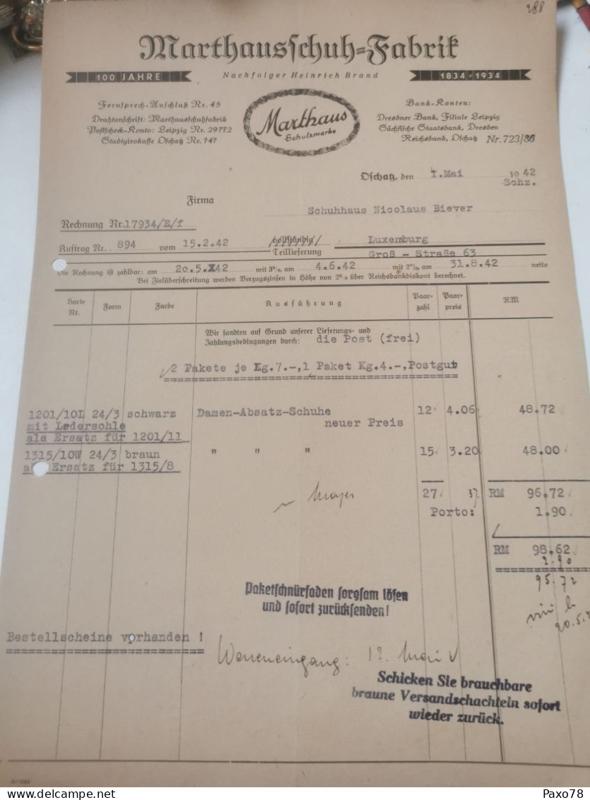 Rechnung Allemagne, Marthausschuh Fabrik, Oschass 1942 - 1900 – 1949