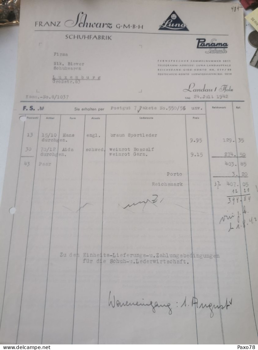 Rechnung Allemagne, Franz Schwarz, Landau 1942 - 1900 – 1949