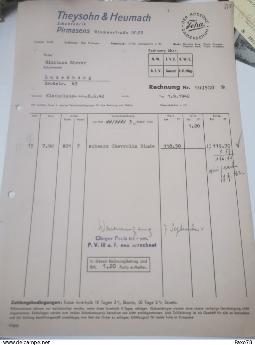 Rechnung Allemagne, Theysohn & Heumach, Pirmasens 1942 - 1900 – 1949