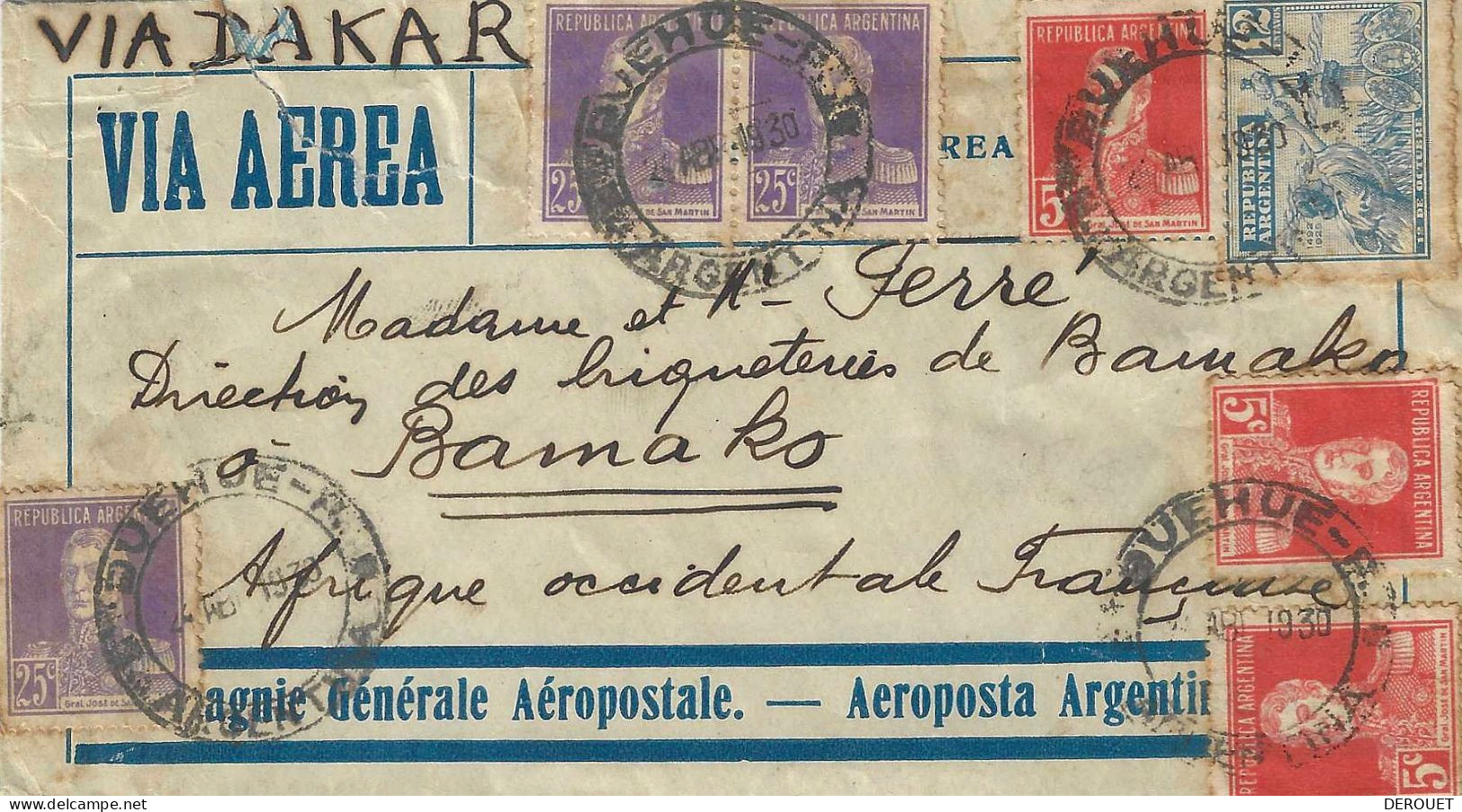 Ligne Mermoz - Période Aéropostale : Courrier Argentine Bamako (AOF) - Destination Rare - Poste Aérienne