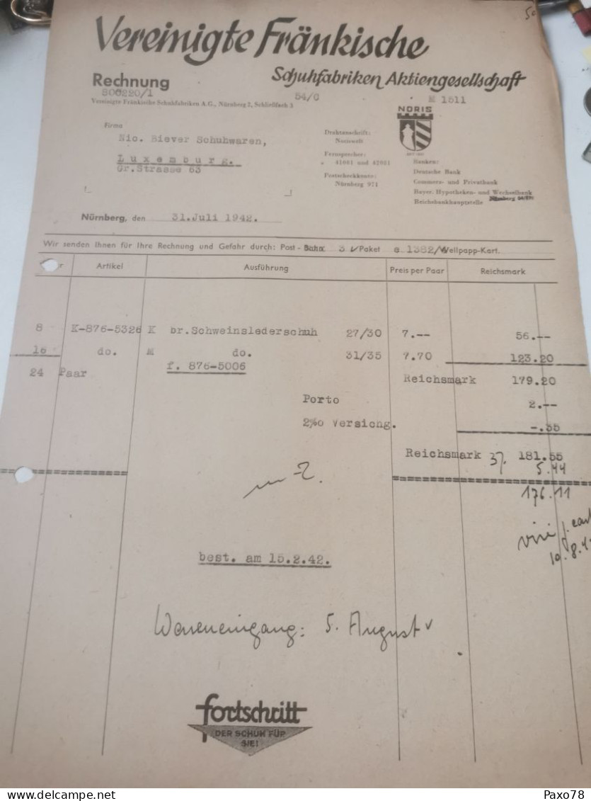 Rechnung Allemagne, Vereinigt Frankische, Nurnberg 1942 - 1900 – 1949