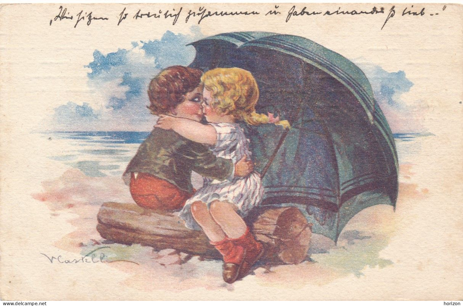 2f.989  V. CASTELLI - Coppia Di Bambini Innamorati Sotto L'ombrello - 1922 - Castelli