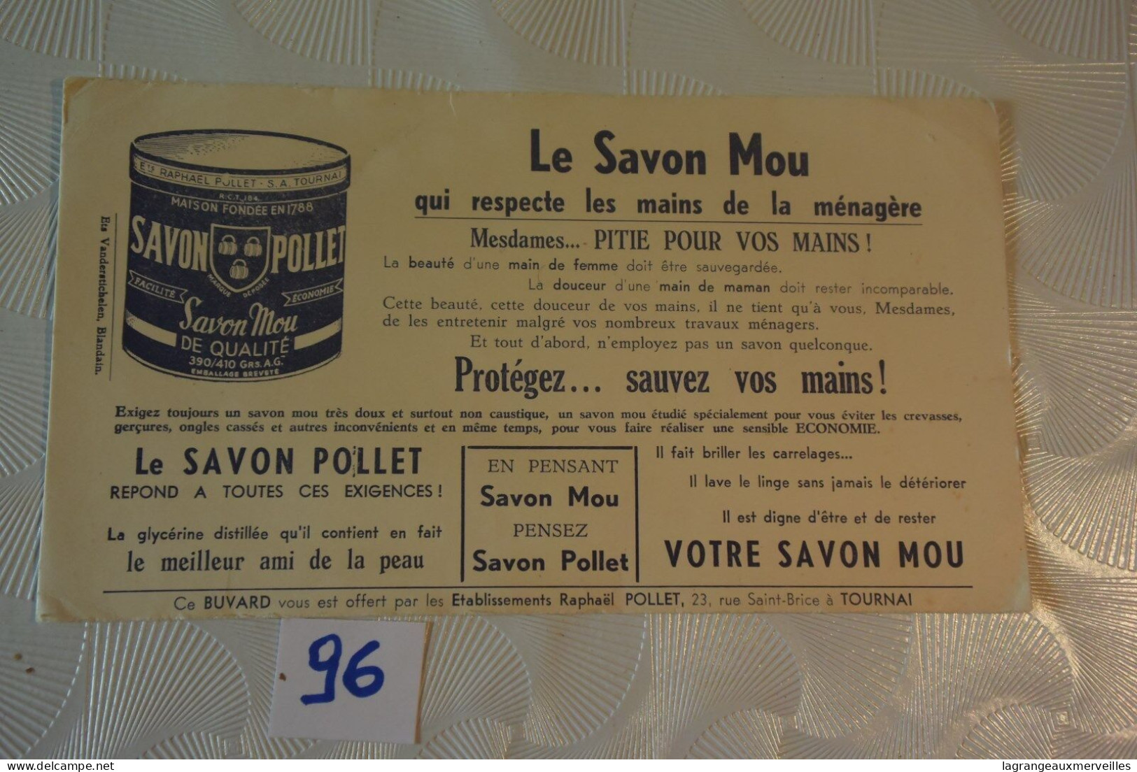 C96 Ancien Carton Publicitaire Le SAVON POLLET TOURNAI - Buvard - Perfumes & Belleza