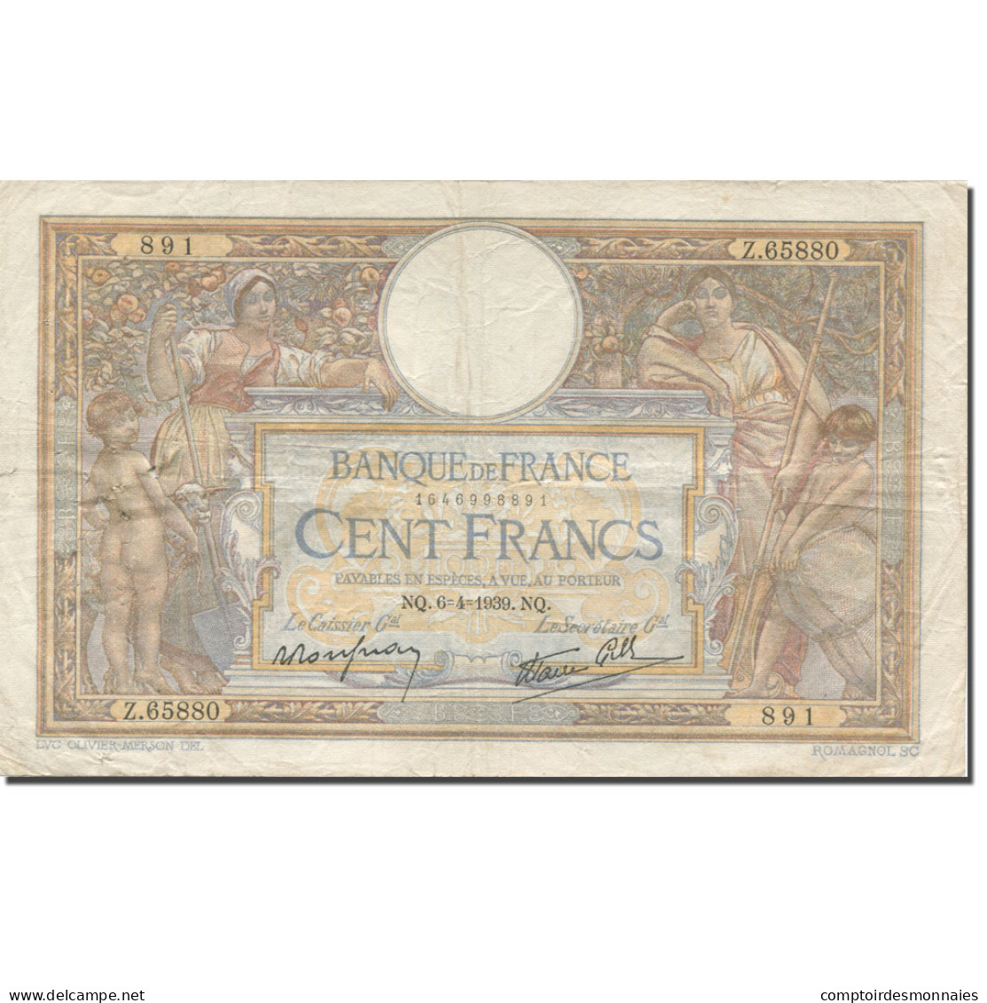 France, 100 Francs, Luc Olivier Merson, 1939, 1939-04-06, TTB, Fayette:25.45 - 100 F 1908-1939 ''Luc Olivier Merson''