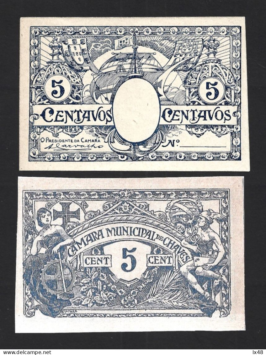 Cédula De 5 Centavos Da Câmara Municipal De Chaves. Caravela. Deus Do Comércio E Indústria. 5 Centavos Banknote From Cha - Lots & Kiloware - Banknotes