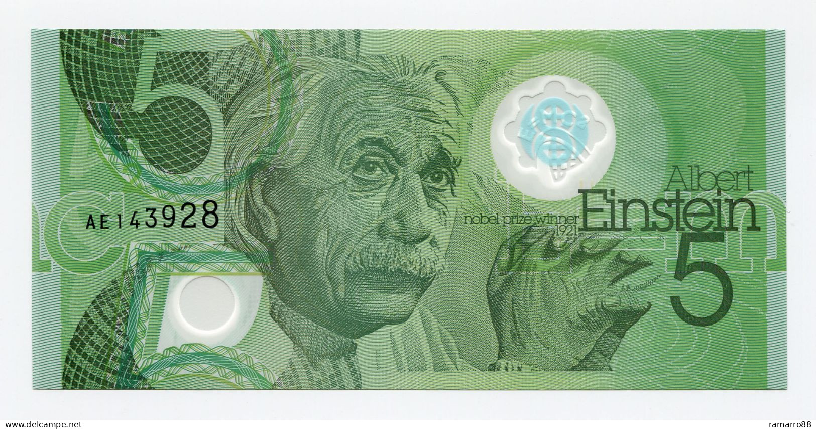 De La Rue - Albert Einstein "5" Type I - Guardian Polymer Specimen Test Note Unc - Specimen