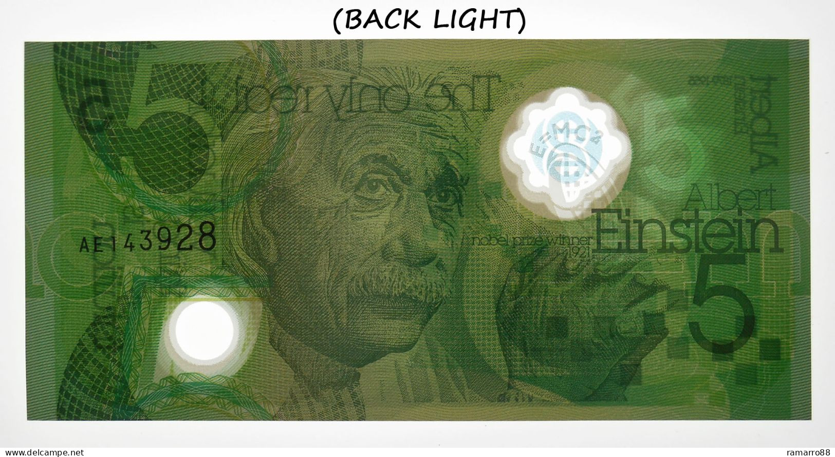 De La Rue - Albert Einstein "5" Type I - Guardian Polymer Specimen Test Note Unc