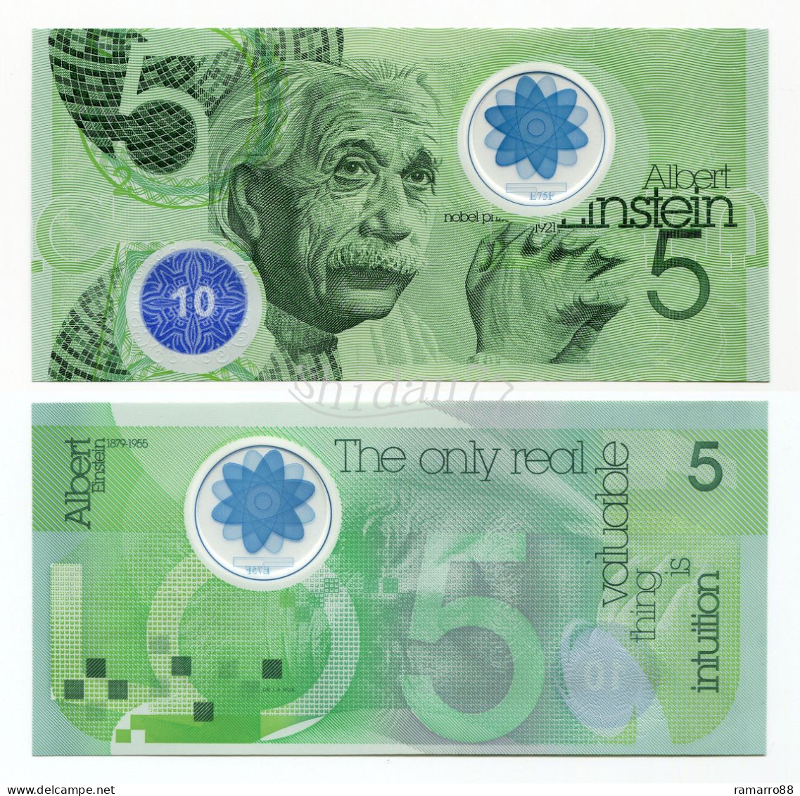 De La Rue - Albert Einstein "5" Type III - Guardian Polymer Specimen Test Note Unc - Specimen