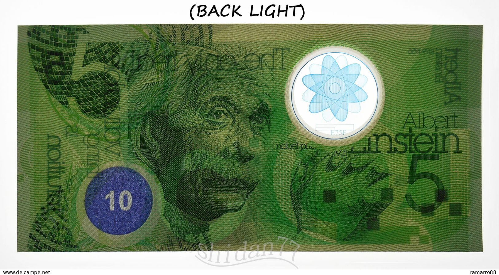 De La Rue - Albert Einstein "5" Type III - Guardian Polymer Specimen Test Note Unc