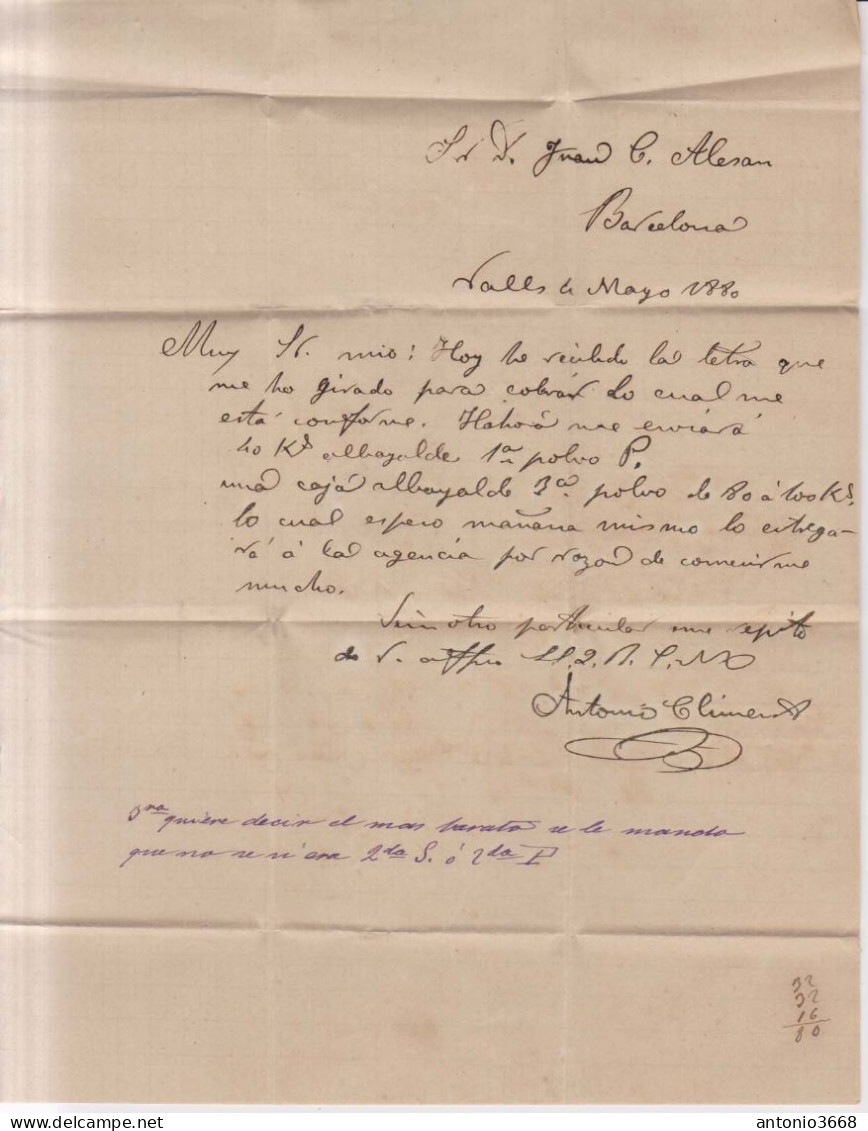 Año 1879 Edifil 204 Alfonso XII Carta Matasellos Valls Tarragona Membrete Antonio Climent - Brieven En Documenten