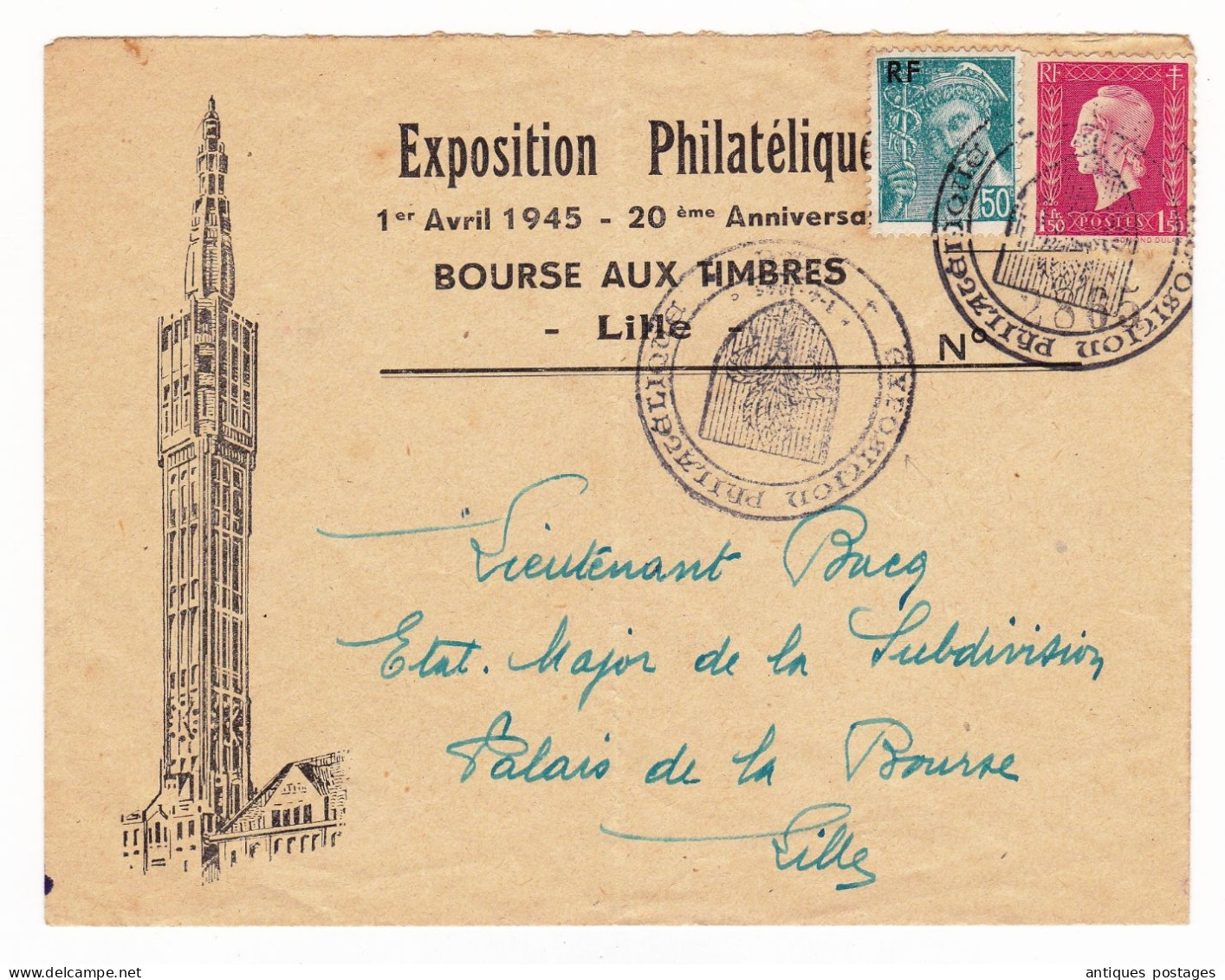 Lettre Exposition Philatélique 1 Avril 1945 Bourse Aux Timbres Lille Mariane De Dulac + Mercure - 1944-45 Marianne (Dulac)