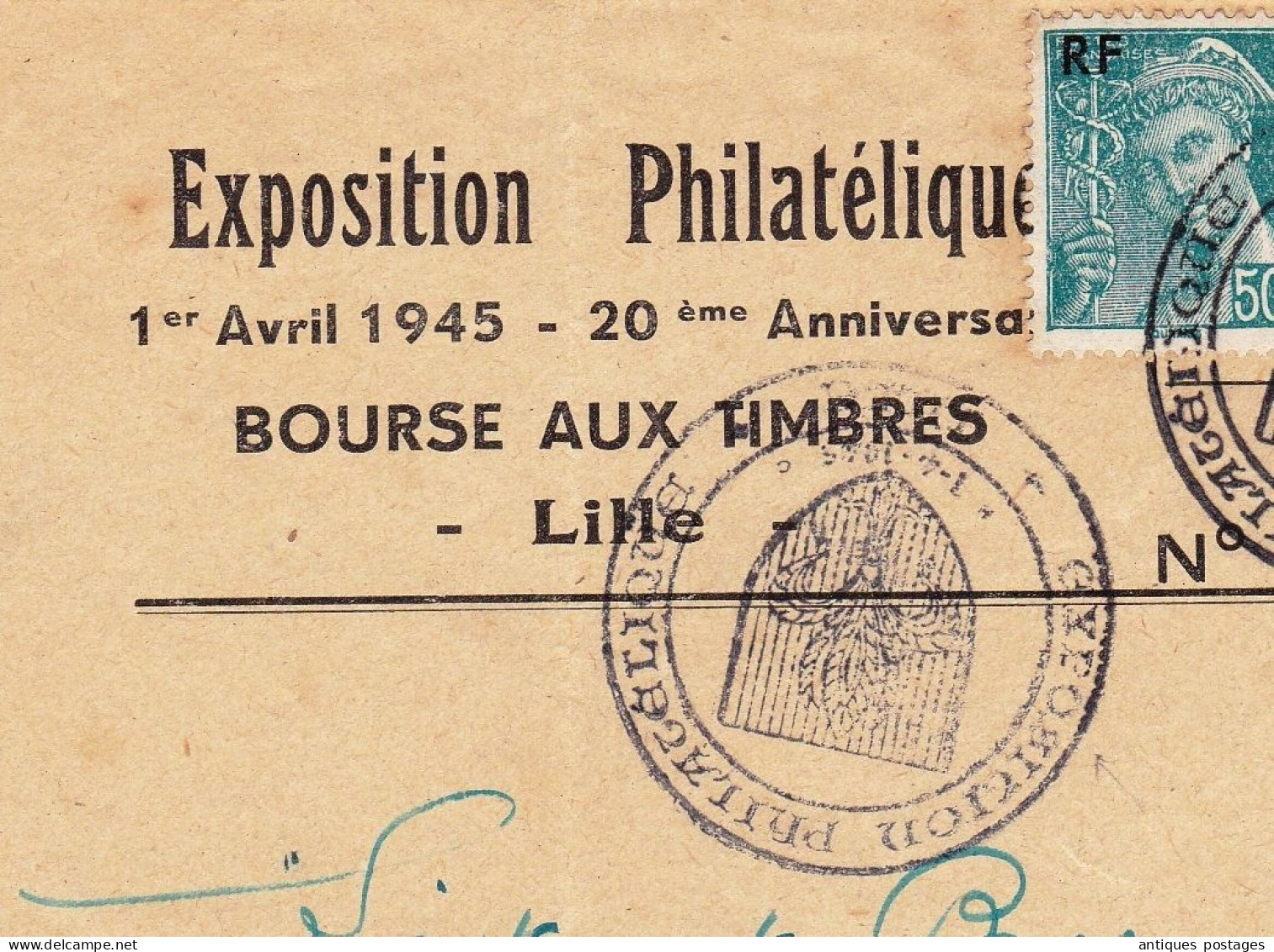 Lettre Exposition Philatélique 1 Avril 1945 Bourse Aux Timbres Lille Mariane De Dulac + Mercure - 1944-45 Marianne Van Dulac