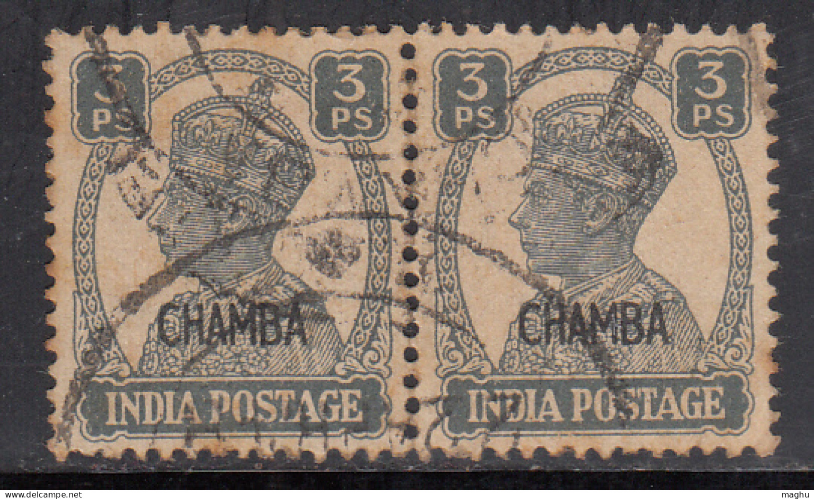 3p Pair Used, Chamba 1942-1947 (1940-1943)  KGVI Series SGO108, British India, - Chamba