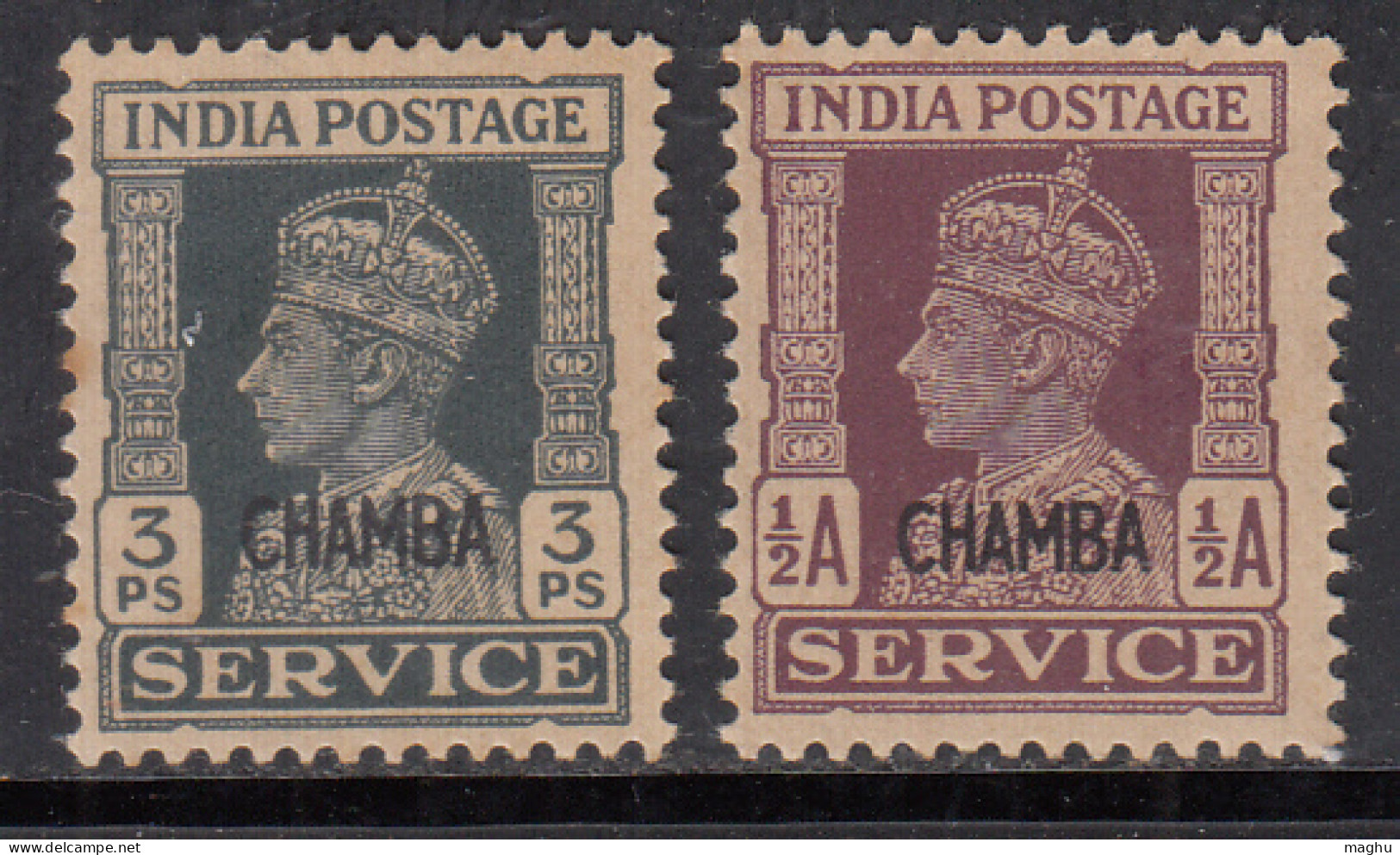 2v MH SERVICE, Chamba 1940 - 1943, KGVI Series SGO78, British India, - Chamba