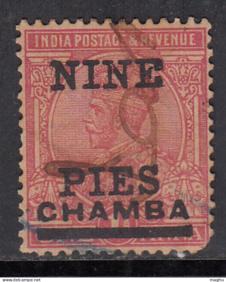 NINE PIES Surcharge, Chamba Used 1921, KGV Series SG54, British India, Cond., Perf., Fold - Chamba