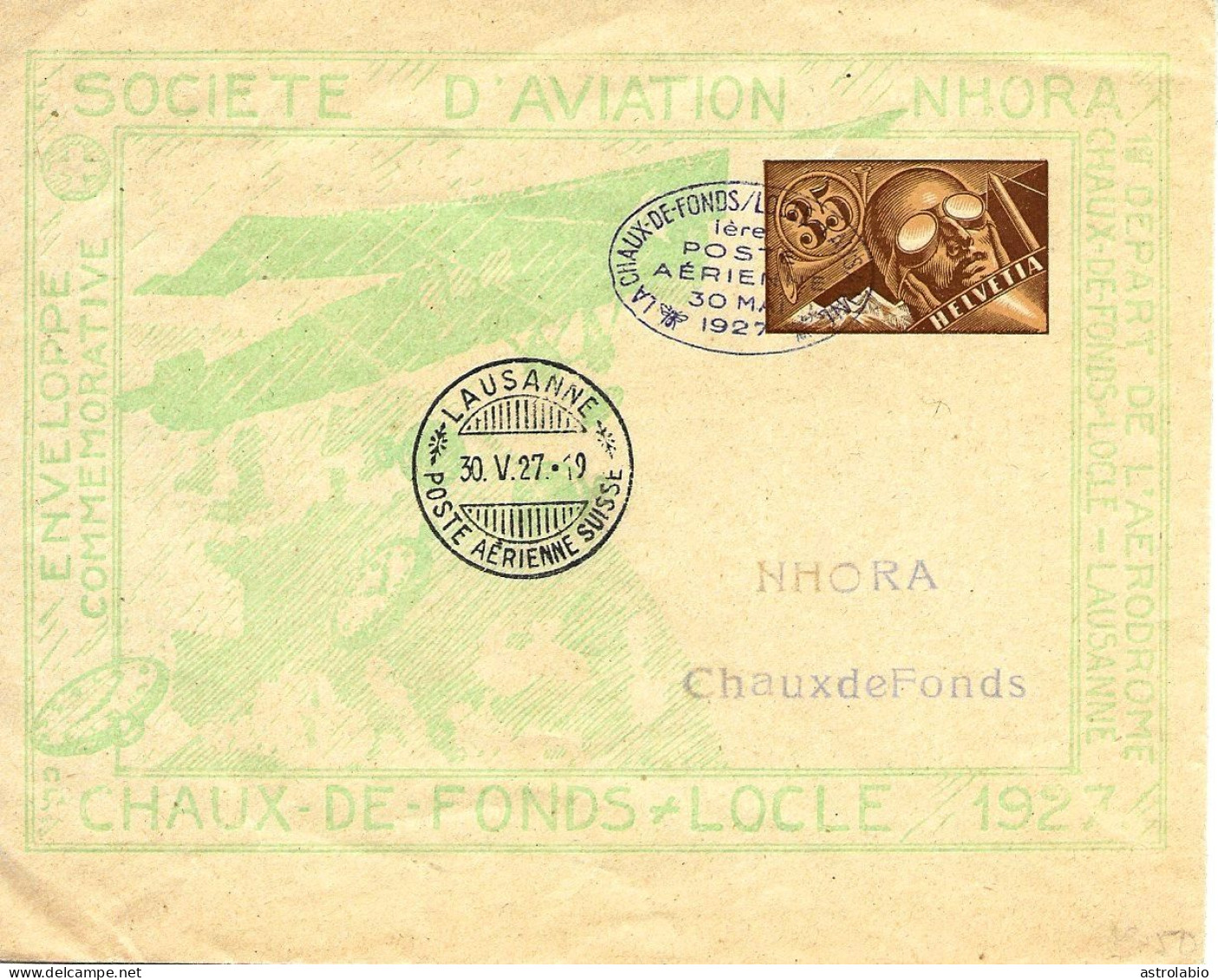 Navigation Horlogère Aérienne NHORA Suisse 1927, Entier Postal-enveloppe, Carte Voyagée - Uhrmacherei