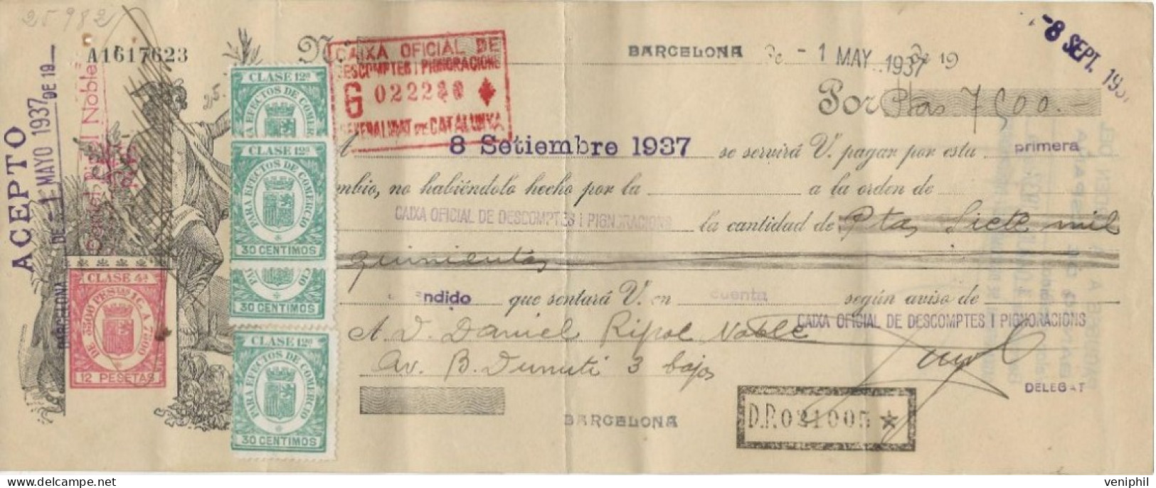 LETTRE DE CHANGE ILLUSTREE ET TIMBREE -BANQUE D'ESPAGNE BARCELONNE -ANNEE 1937  TTB - Bills Of Exchange