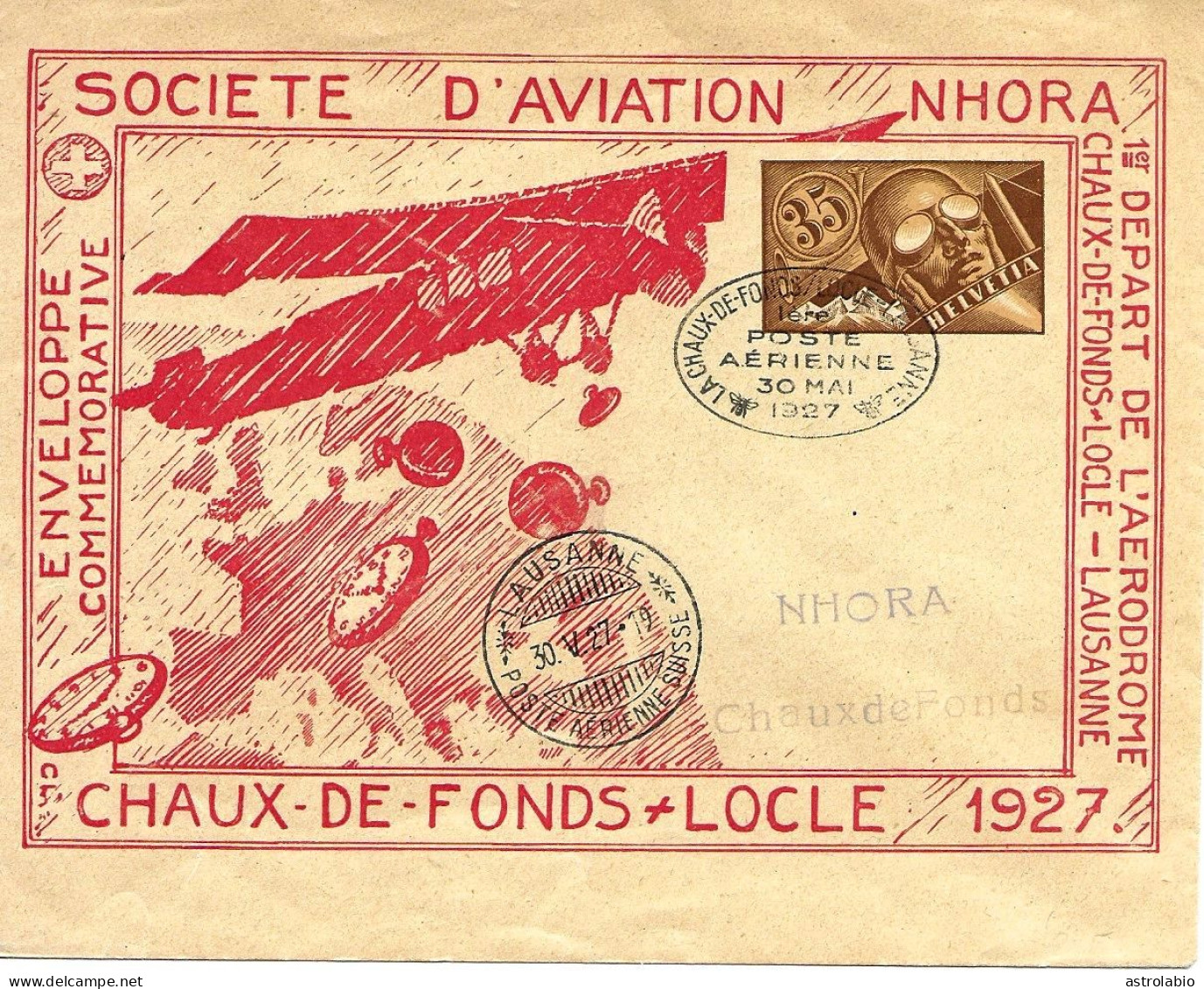 Navigation Horlogère Aérienne NHORA Suisse 1927, Entier Postal-enveloppe, Carte Voyagée - Uhrmacherei