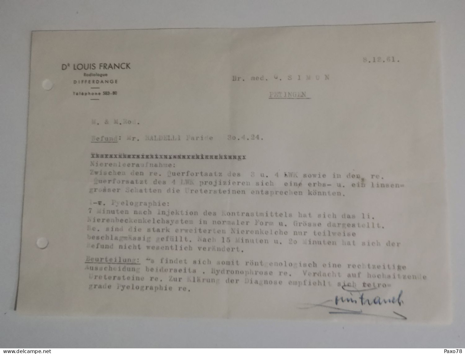 Lettre, Docteur Louis Franck, Differdange 1961 - Lettres & Documents