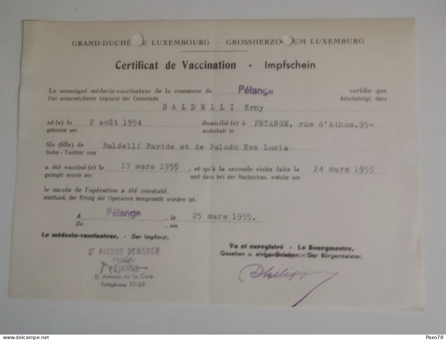 Certificat De Vaccination, Petange 1955 - Brieven En Documenten