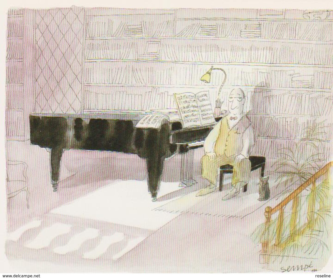 Illustration SEMPE  Ed Desastre N°SE06 -  Musicien Pianiste  Bibliotheque - CPM 10,5x15 TBE 1988 Neuve - Sempé