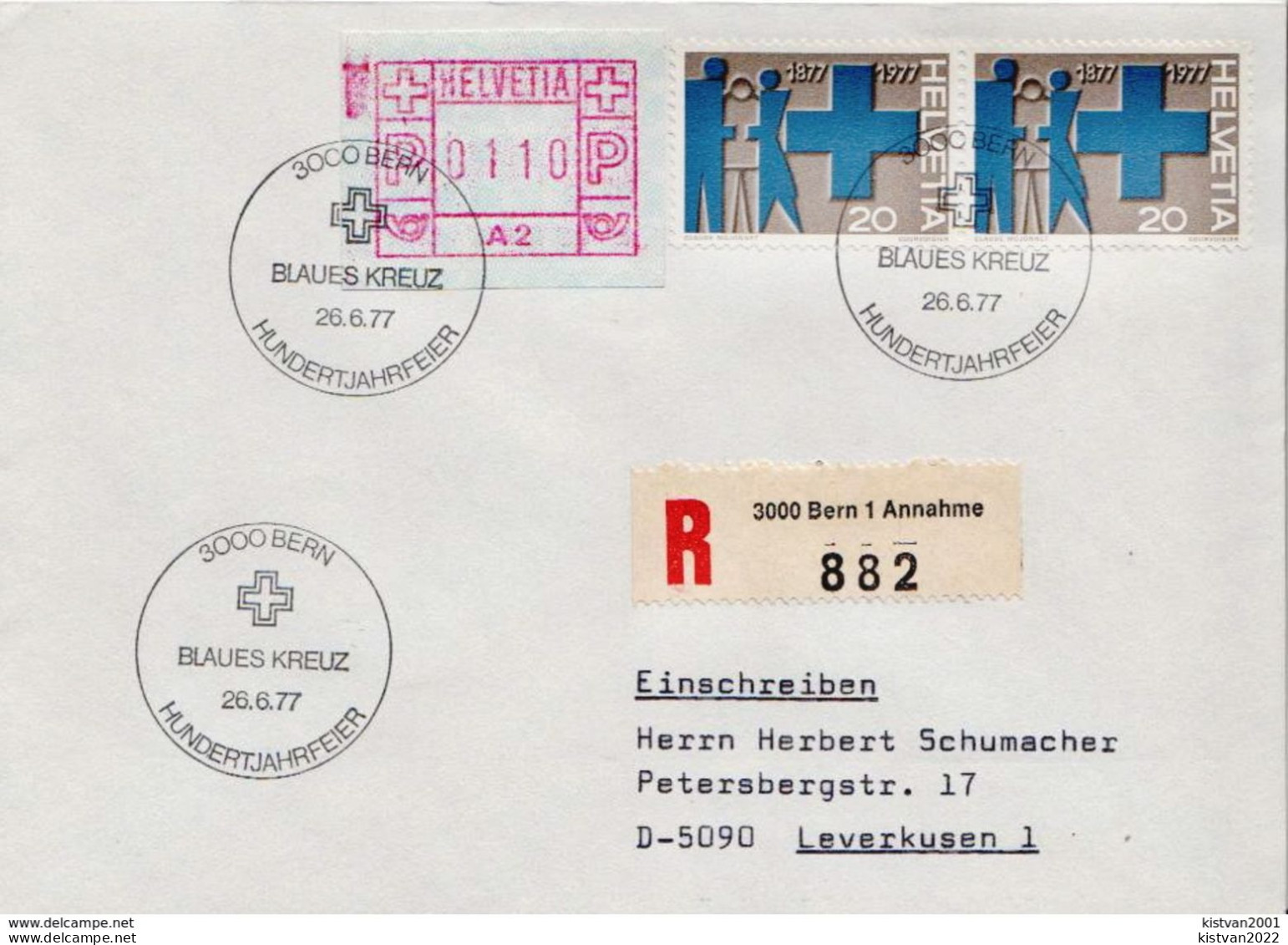 Postal History: Switzerland Registered Cover With Automat Stamp ( NO 1) And Blaues Kreutz Cancel - Automatic Stamps