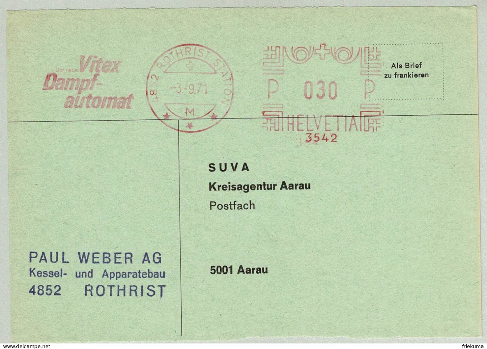 Schweiz / Helvetia 1971, Briefausschnitt Freistempel / EMA / Meterstamp Weber AG Rothrist - Aarau, Dampfautomat - Wasser
