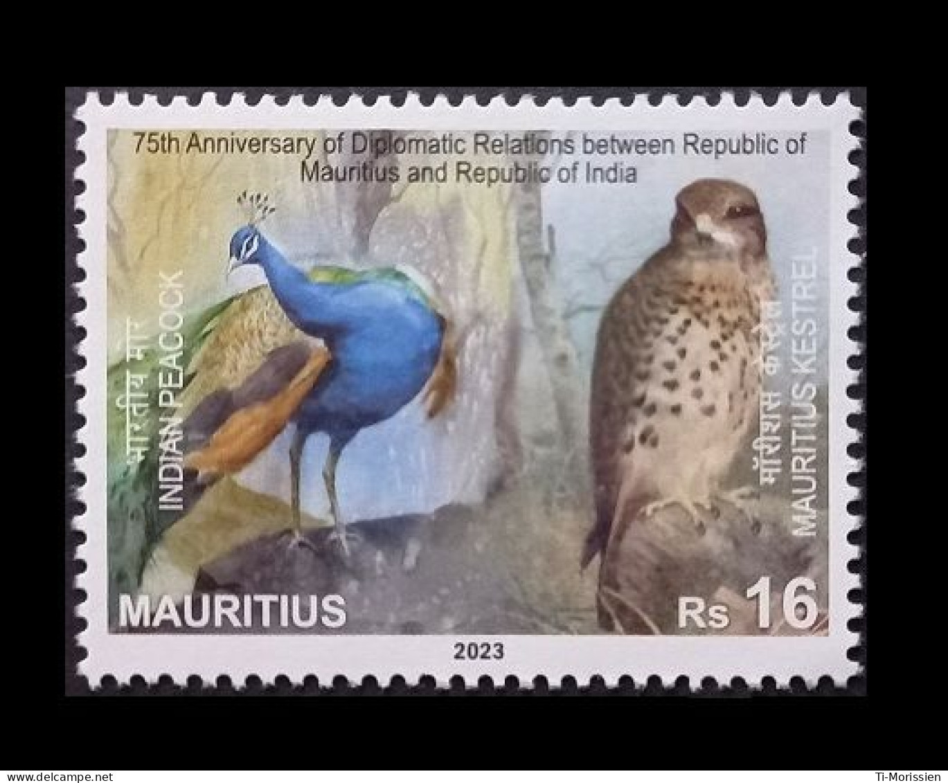 Mauritus 2023 - Joint Issue India - Peocock & Kestrel Birds, Aves, Pajaros, Uccelli, Vögel, Vogels, Oiseaux - 1v Stamp - Joint Issues