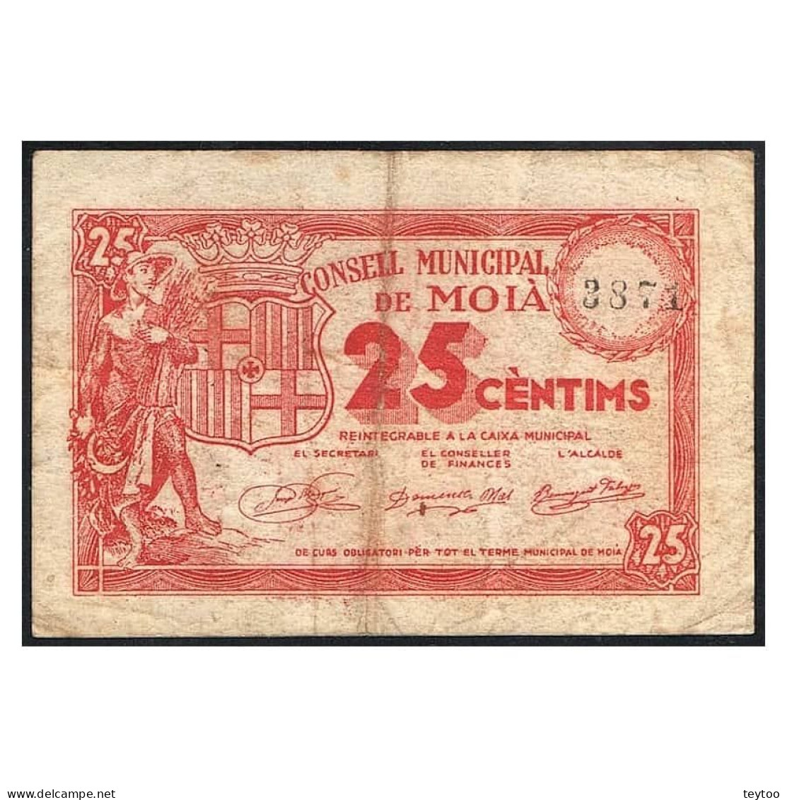 C0008.2# España 1936-39. 25 Cts. Ayuntamiento De Moià (F) TUR1505 - 1-2 Peseten