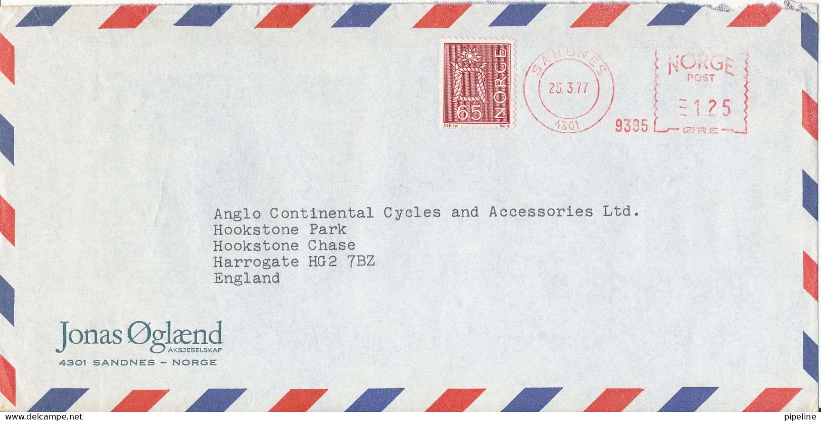 Norway Air Mail Cover With A Stamp And Red Meter Cancel Sent To England Sandnes 25-3-1977 - Cartas & Documentos