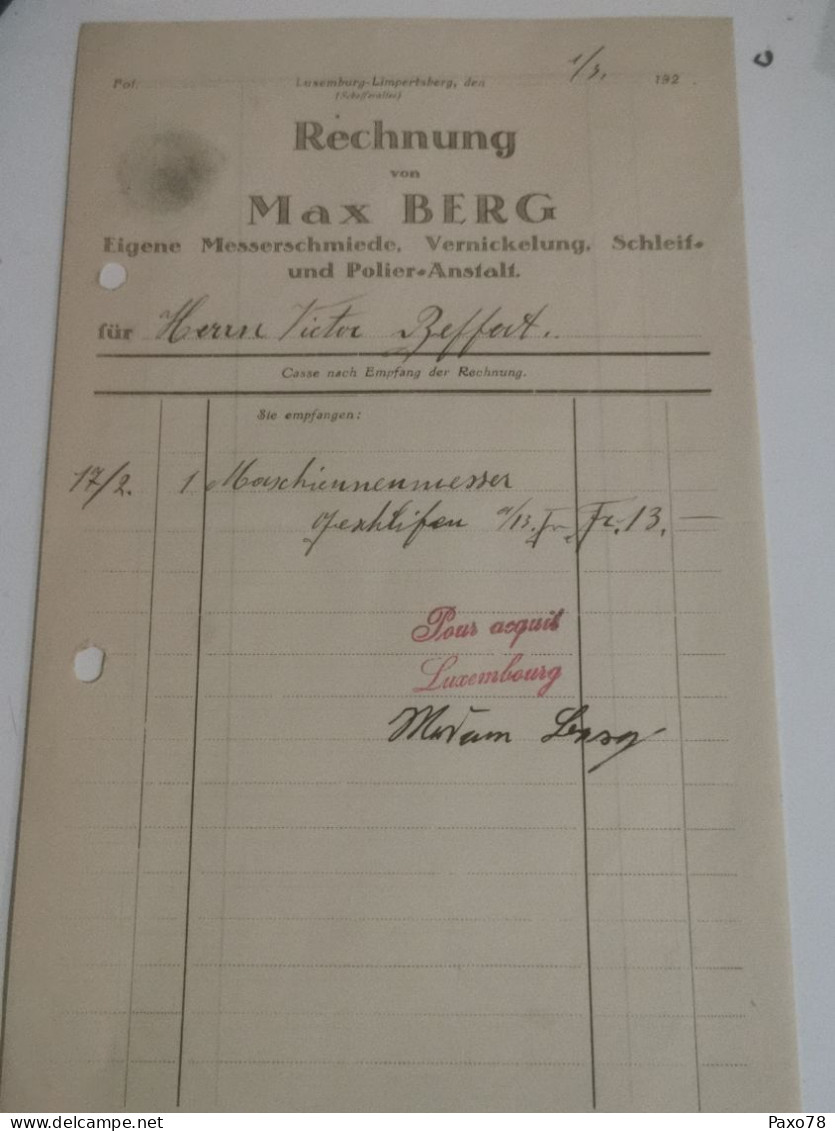 Luxembourg Facture, Max Berg, Limpertsberg 192 - Luxembourg