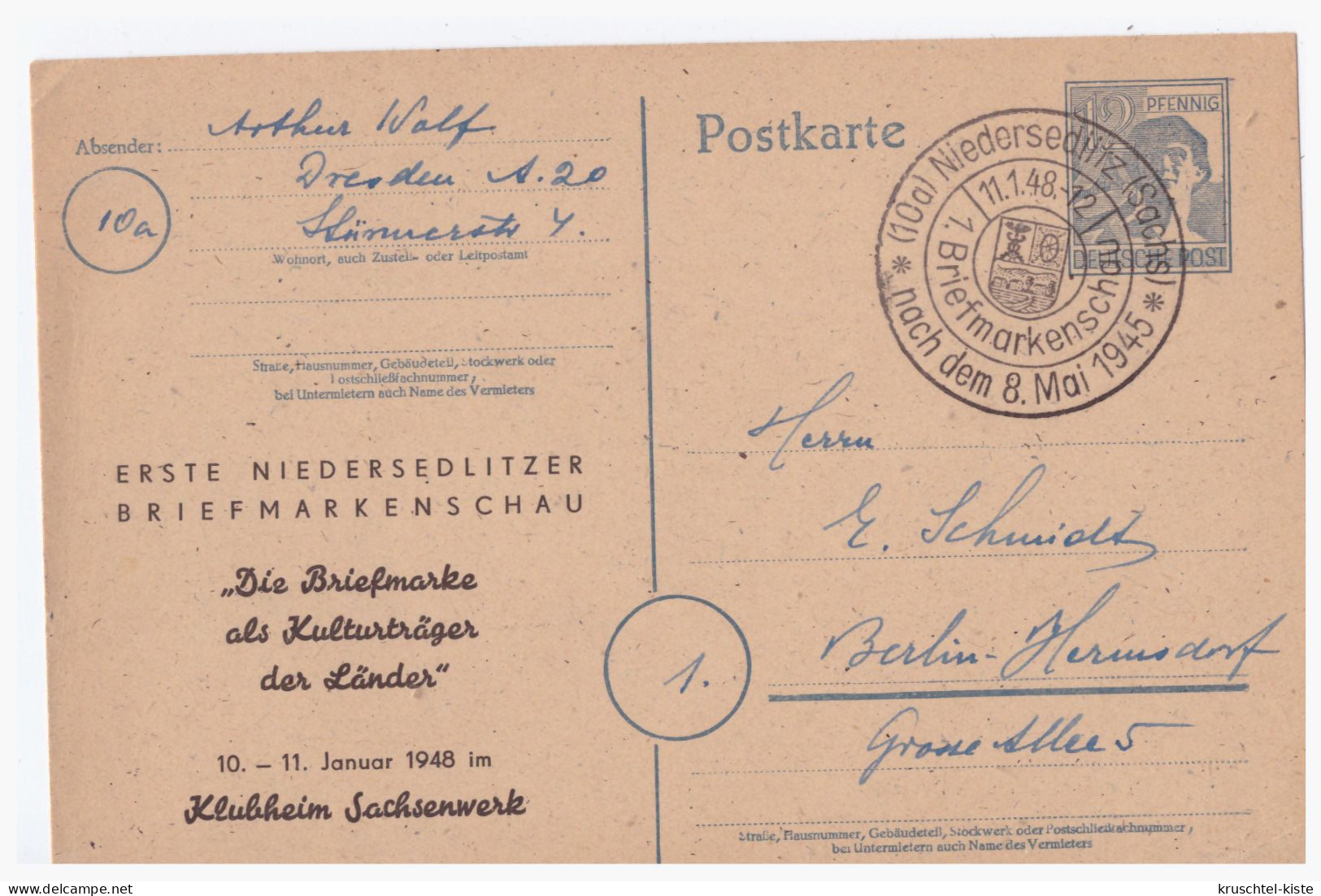 GM (000713) Ganzsache P962 Mit Privaten Zudruck "Erste Niedersedlitzer Briefmarkenschau" 10/ 11. Jan. 1948 Mit SST - Postal  Stationery