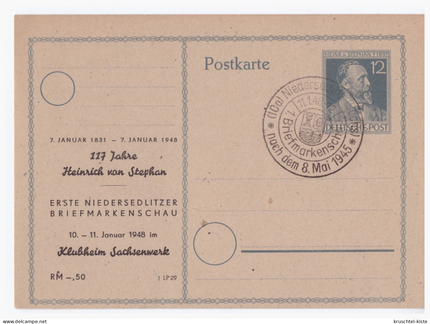 GM (000716) Ganzsache P965 Mit Privaten Zudruck "Erste Niedersedlitzer Briefmarkenschau" 10/ 11. Jan. 1948 Mit SST - Entiers Postaux