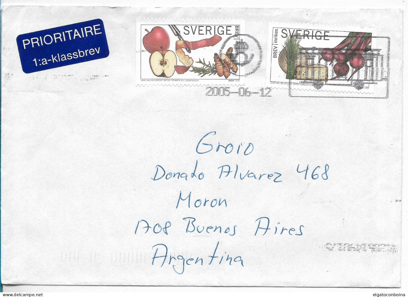 SWEDEN YEAR 2005 CIRCULATED COVER POSTED TO ARGENTINA FRUITS FOOD ON STAMPS - Covers & Documents