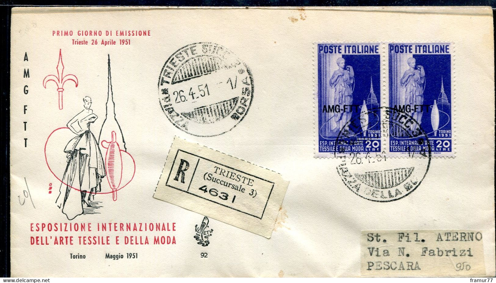 FDC Trieste - VENETIA Raccomandata 1951 Arte Tessile - Marcofilie