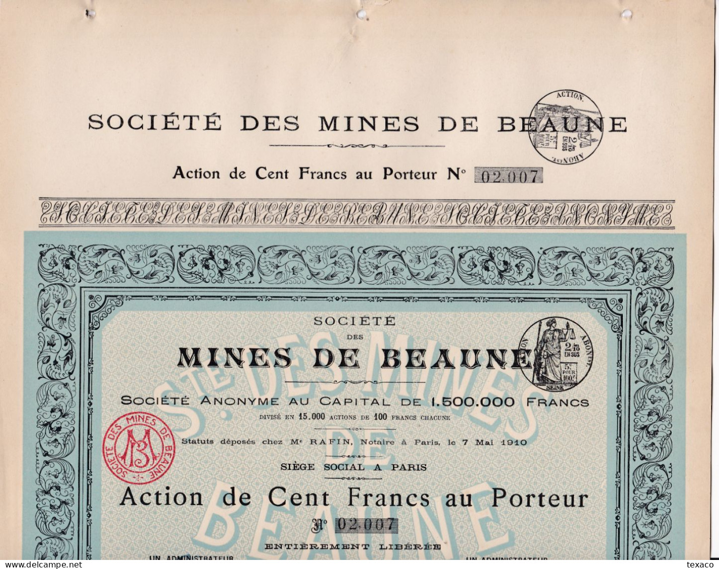 Lot 4 Actions Société Des Mines De Beaune Juillet 1913 - Mines D'or De Beaune Les Mines - Limoges 87 - Gold Mine Shares - Mines