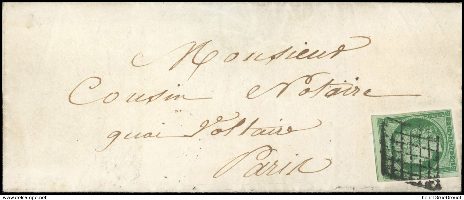 Obl. 2 - 15c. Vert Obl. Grille S/lettre Locale Manuscrite De PARIS Du 9 Décembre 1851. Arrivée Le 10 Décembre. TB. - 1849-1850 Ceres