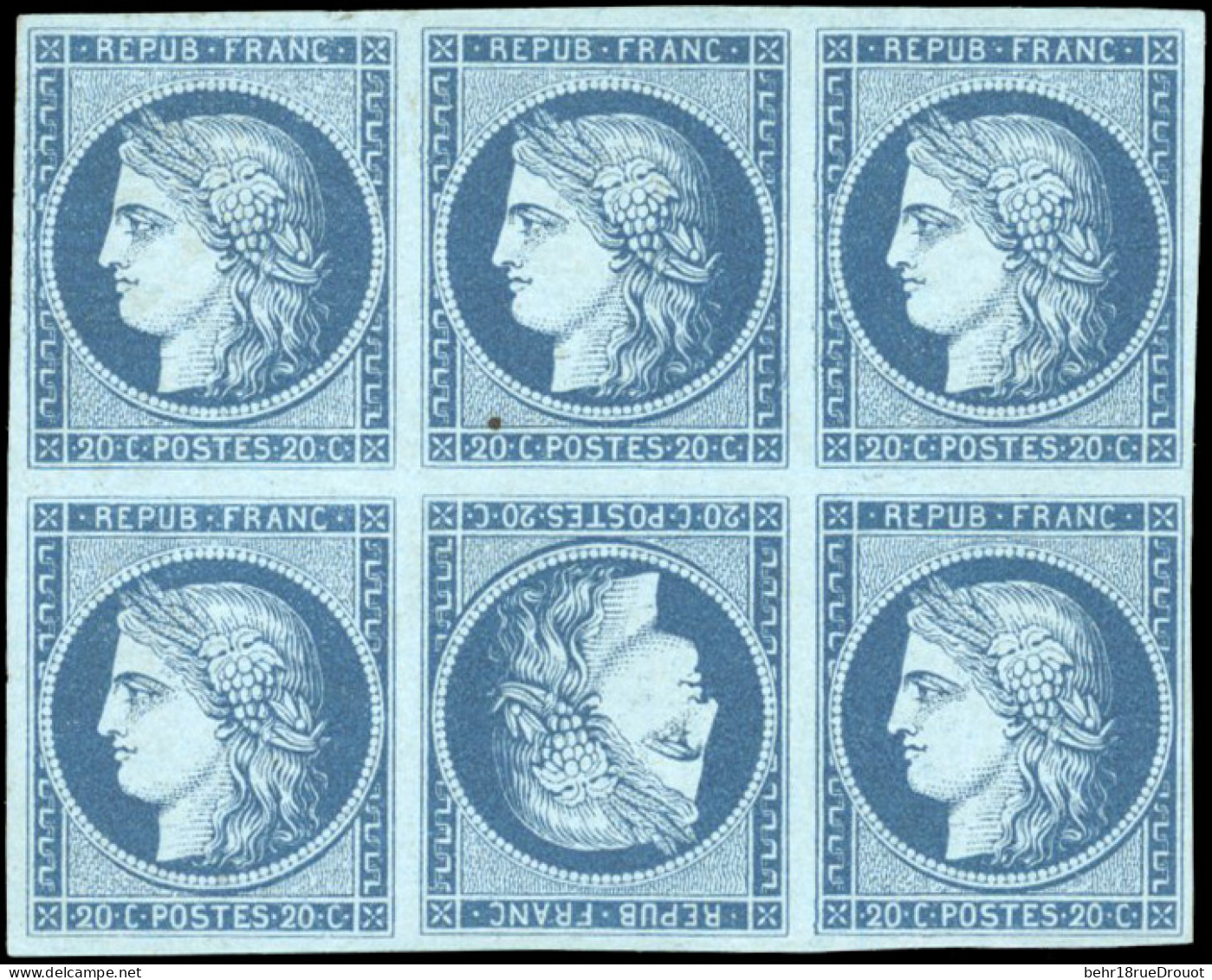(*) 3 - Essai Du 20c. En Bleu Foncé S/bleu. Bloc De 4 Avec Tête-bêche. Tirage Fin. SUP. RR. - 1849-1850 Cérès