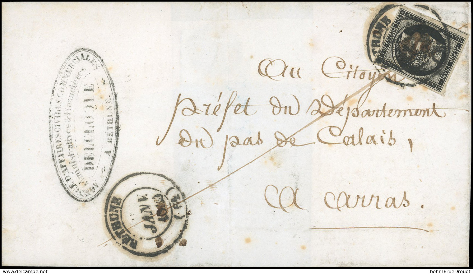 Obl. 3 - 20c. Noir S/jaune, Obl. Plume Et CàD, Type 14, De BETHUNE Du 1er Janvier 1849 à Destination D'ARRAS - PAS-DE-CA - 1849-1850 Ceres