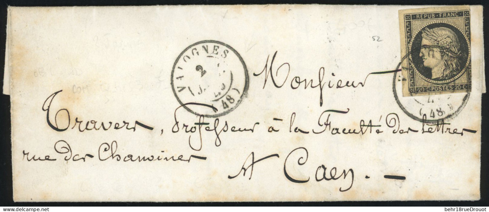 Obl. 3 - 20c. Noir S/jaune Obl. S/lettre Frappée Du CàD De VALOGNES Du 2 Janvier 1849 à Destination De CAEN. Timbre Cour - 1849-1850 Ceres