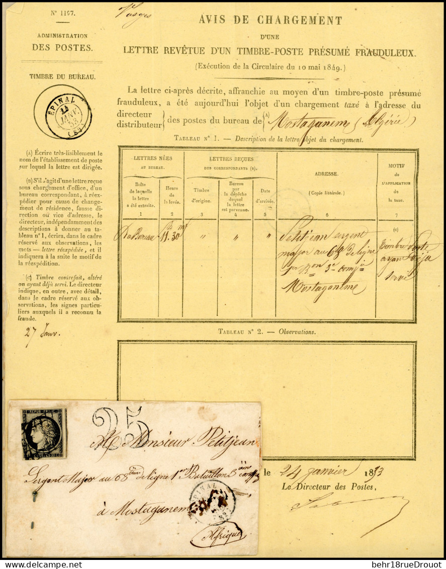 Obl. 3 - 20c. Noir S/jaune Obl. S/lettre Frappée Du CàD De EPINAL Du 24 Janvier 1853 à Destination De MOSTAGANEM. Timbre - 1849-1850 Cérès