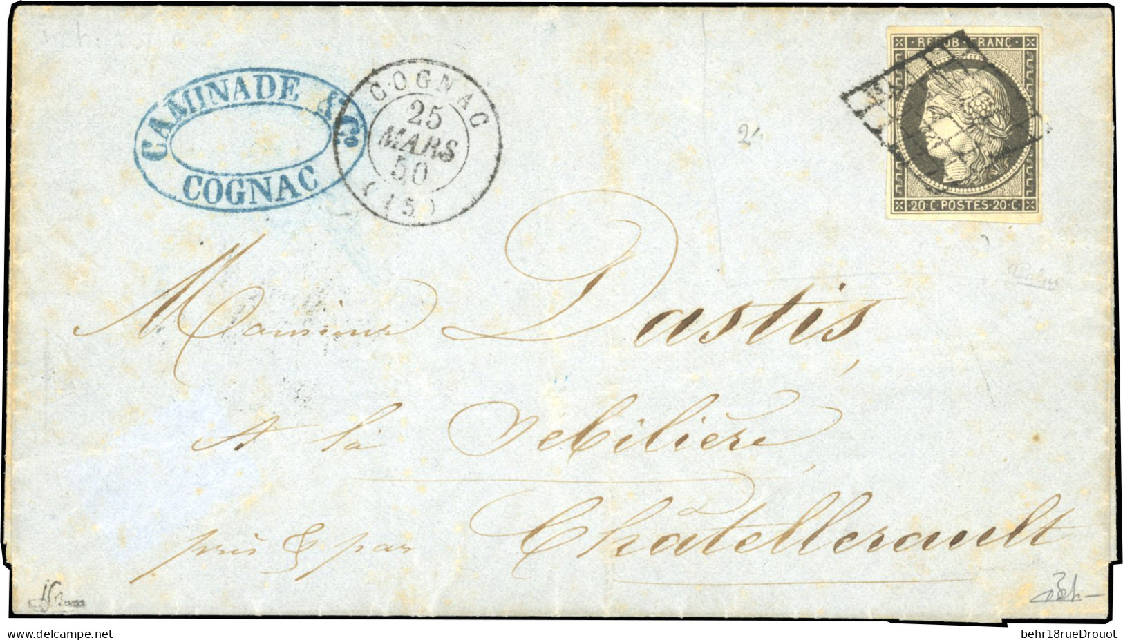 Obl. 3c - 20c. Gris-noir, Nuance Tendant Vers Le Gris, Obl. Grille S/lettre Frappée Du CàD De COGNAC 25 Mars 1850 à Dest - 1849-1850 Cérès