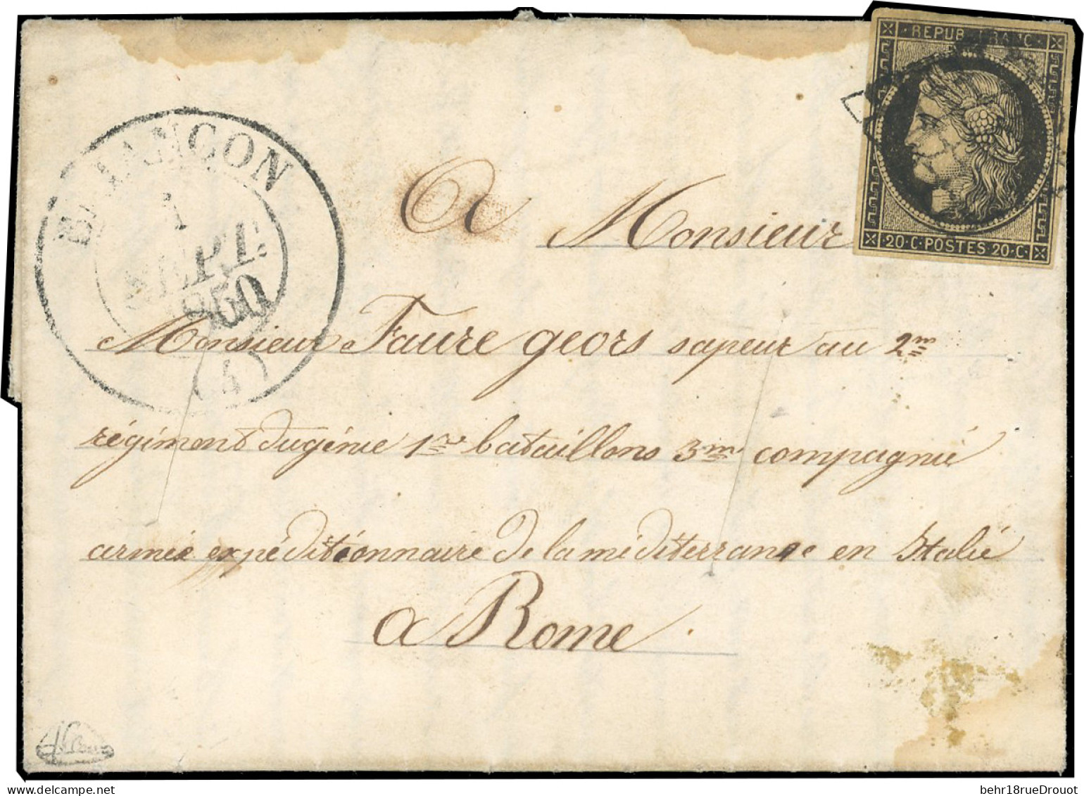 Obl. 3 - 20c. Noir S/jaune Obl. Grille, S/lettre Frappée Du CàD De BRIANCON Du 1er Septembre 1850 à Destination D'un Mil - 1849-1850 Cérès