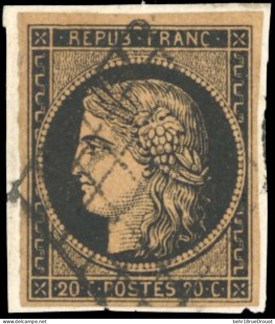 Obl. 3g - 20c. Noir S/chamois Très Foncé. Obl. Grille S/petit Fragment. SUP. - 1849-1850 Cérès