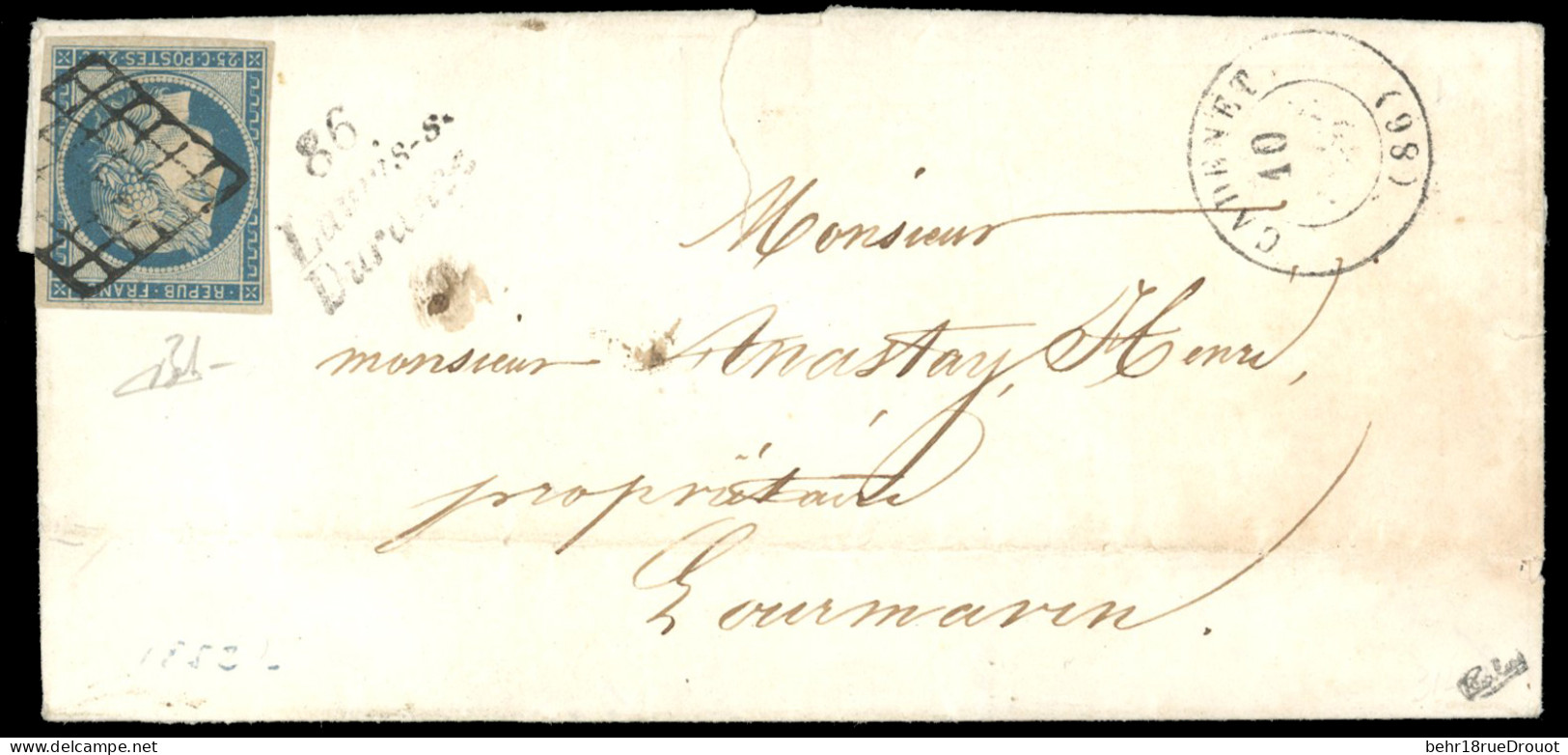 Obl. 4 - 25c. Bleu Obl. Grille S/lettre Frappée Du CàD De CADENET Du 10 Septembre 1852 à Destination De LOURMARIN - VAUC - 1849-1850 Ceres