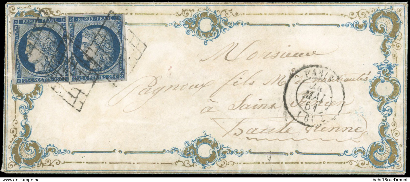 Obl. 4x2 - Paire Du 25c. Bleu Obl. Grille S/Valentine Frappée Du CàD De PARIS Du 14 Mai 1851 à Destination ST-JUNIEN - H - 1849-1850 Cérès